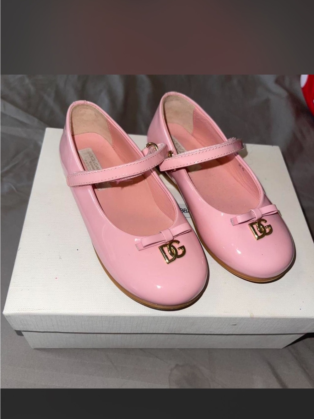 Dolce & Gabbana Pink Patent Mary Jane Flats with Gold DG Charm